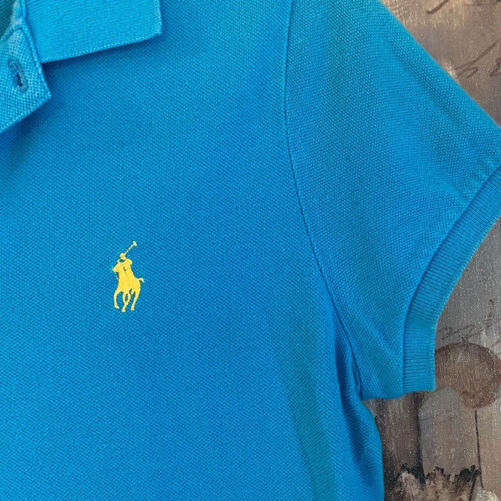 EUC Ralph Lauren Skinny Polo Top Turquoise Yellow Insignia - Picture 3 of 6